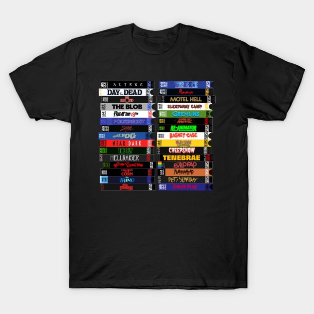 VHS 80s Horror Movie Stacks T-Shirt by darklordpug